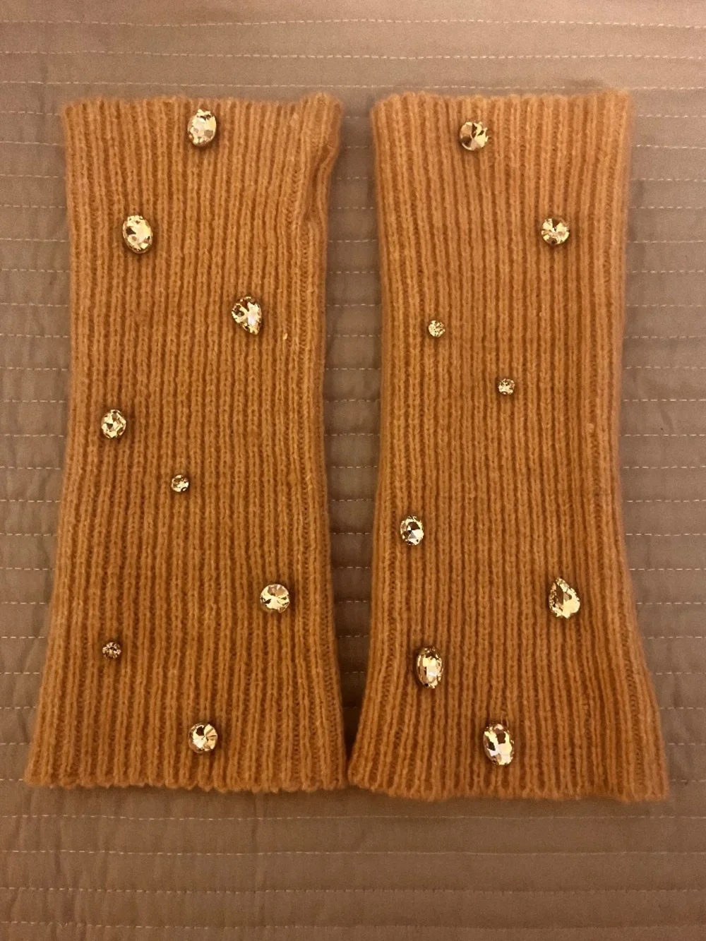 Steve Madden Arm Warmers Biscotti Ribbed Knit Crystal Accents